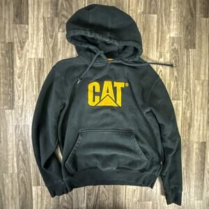 CAT Caterpillar Black Hoodie Sweatshirt Heavy Logo Pullover Workwear Sweatshirt